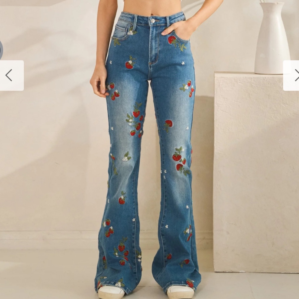 Blue Embroidered Strawberry Flare Jeans - Picture 2 of 9